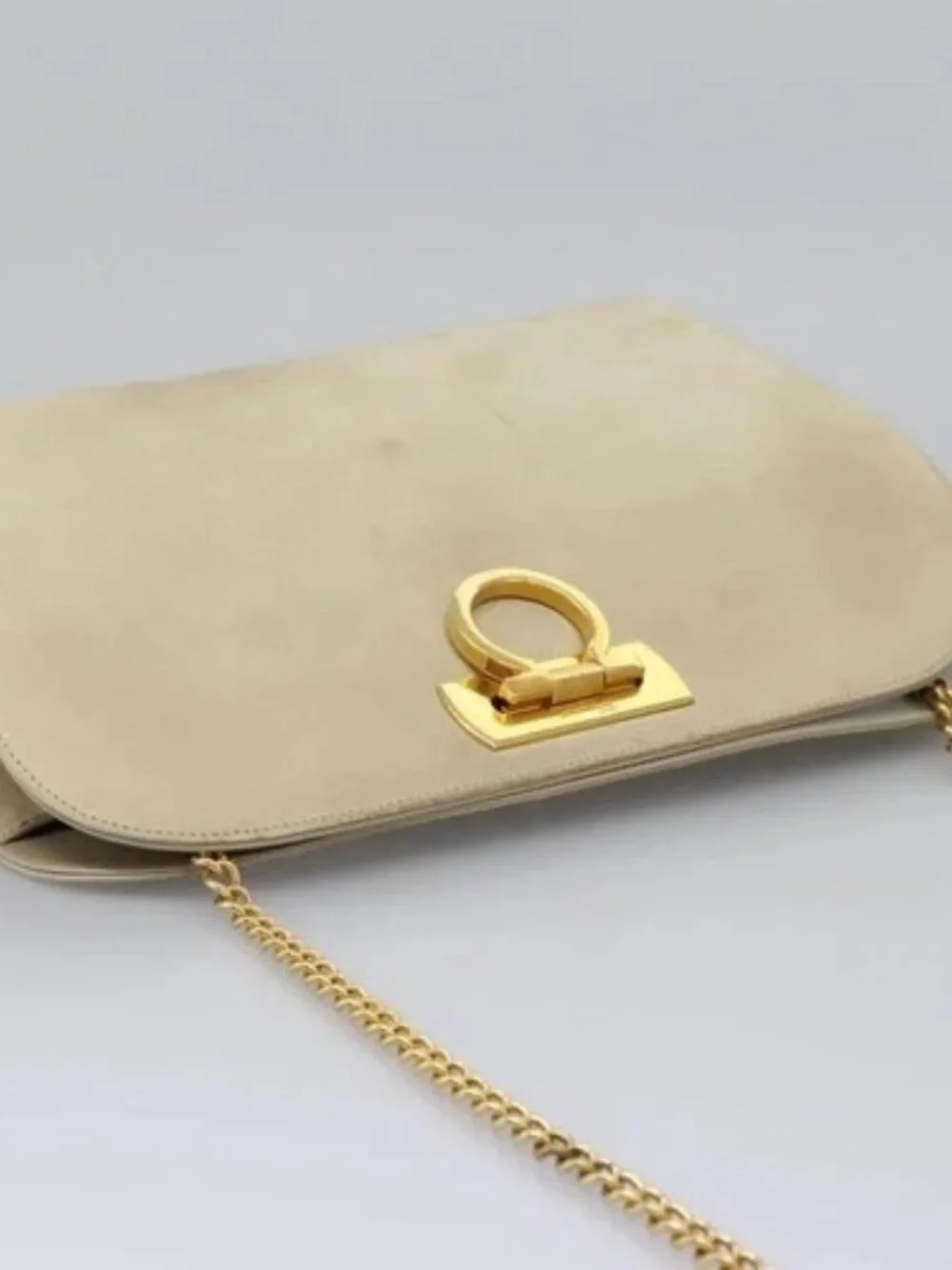 Salvatore Ferragamo Gancini Chain Shoulder Bag Suede Beige Gold Auth MY113